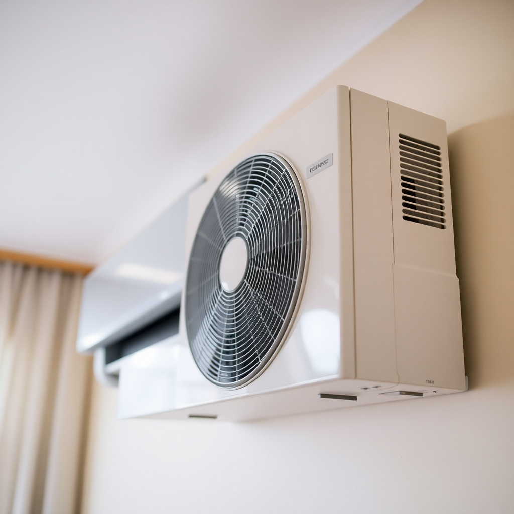 Close up of a modern split air conditioner unit mounted on a wall in a residential home, bright lighting