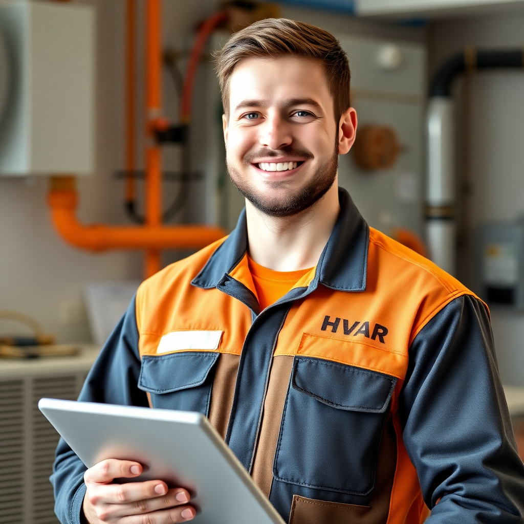 Professional portrait of a male HVAC technician in his 30s, friendly smile, branded uniform, holding a tablet, bright background