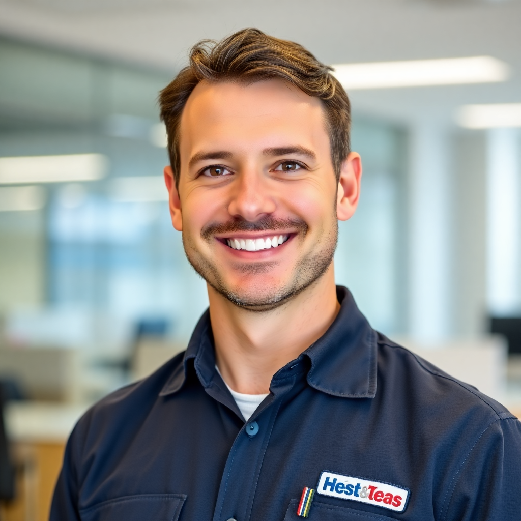 Professional portrait of a male HVAC engineer in his 40s, confident smile, branded uniform, modern office background