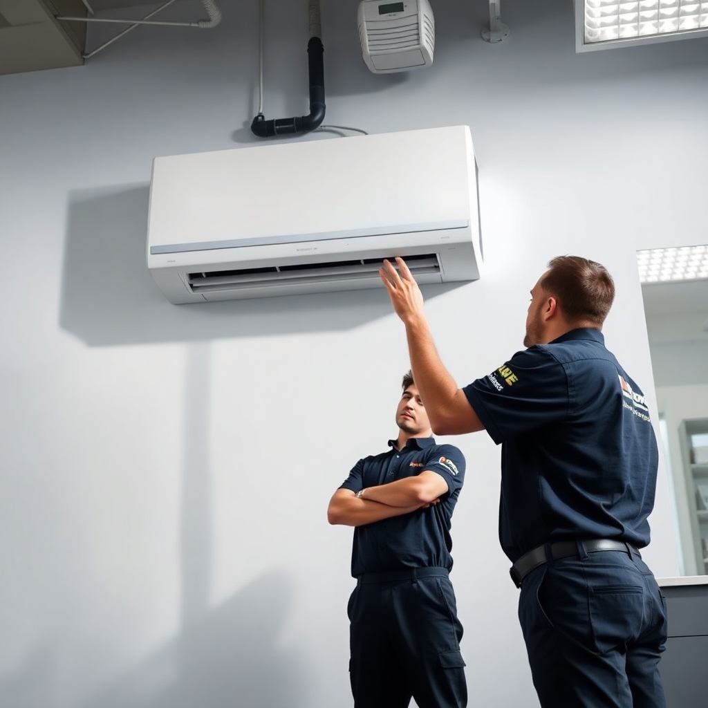 Modern, clean office space with professional HVAC technicians in branded uniforms examining a high-end wall-mounted air conditioning unit, natural lighting, premium photography