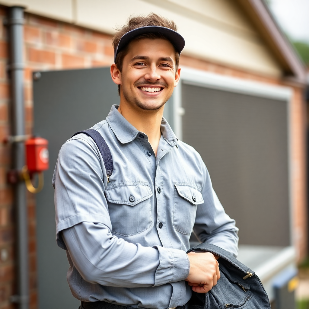 Professional portrait of a young male HVAC service technician in his 20s, energetic smile, holding a tool bag, outdoor setting