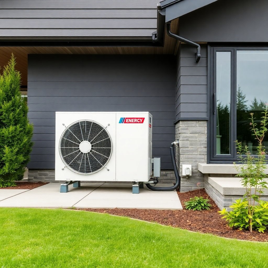 Modern heat pump unit installed outside a contemporary home, energy efficient heating