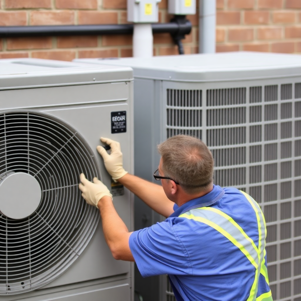 Technician in uniform performing maintenance on an outdoor air conditioning condenser unit