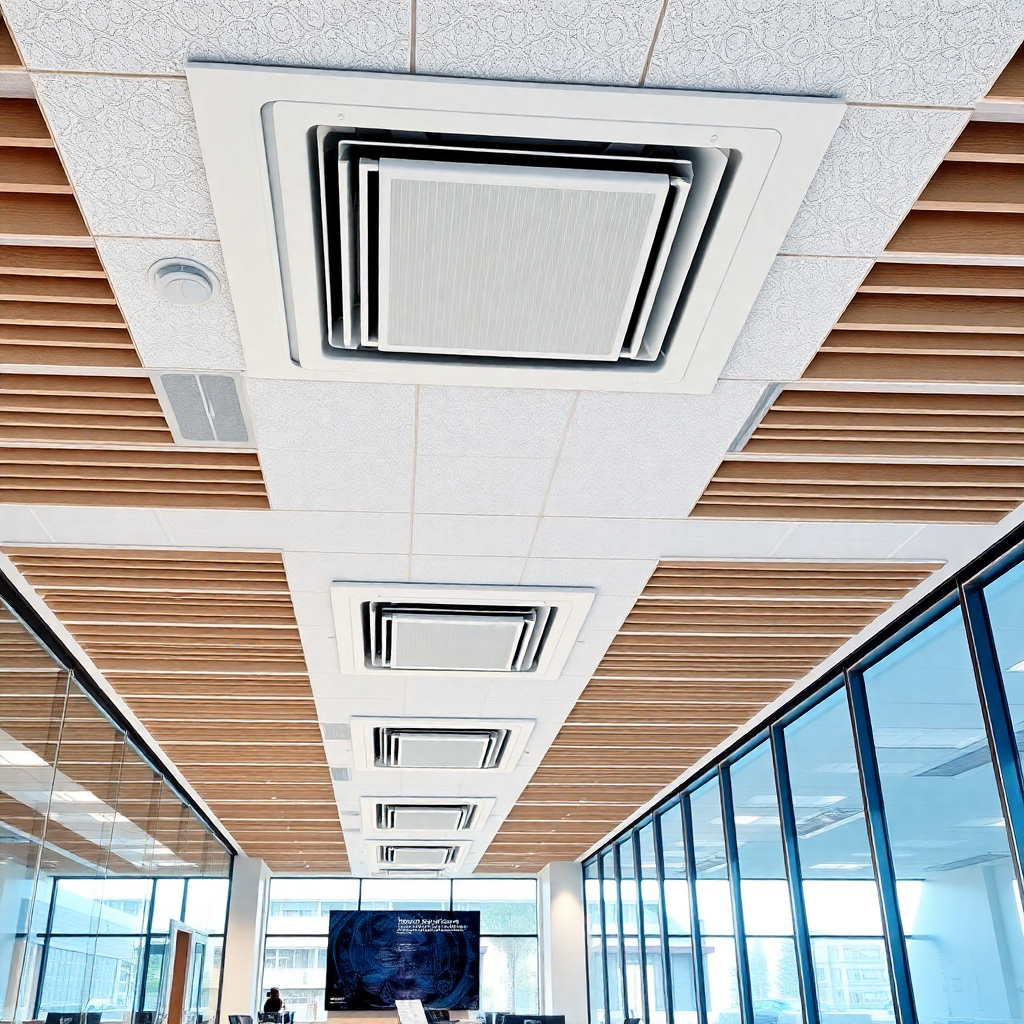 Modern office space with ceiling cassette air conditioning units, professional environment