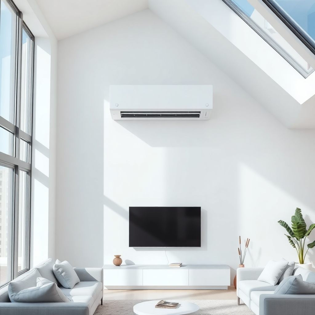 Modern, bright, clean living room interior with a sleek white air conditioning unit mounted high on the wall, natural sunlight, premium aesthetic, high resolution